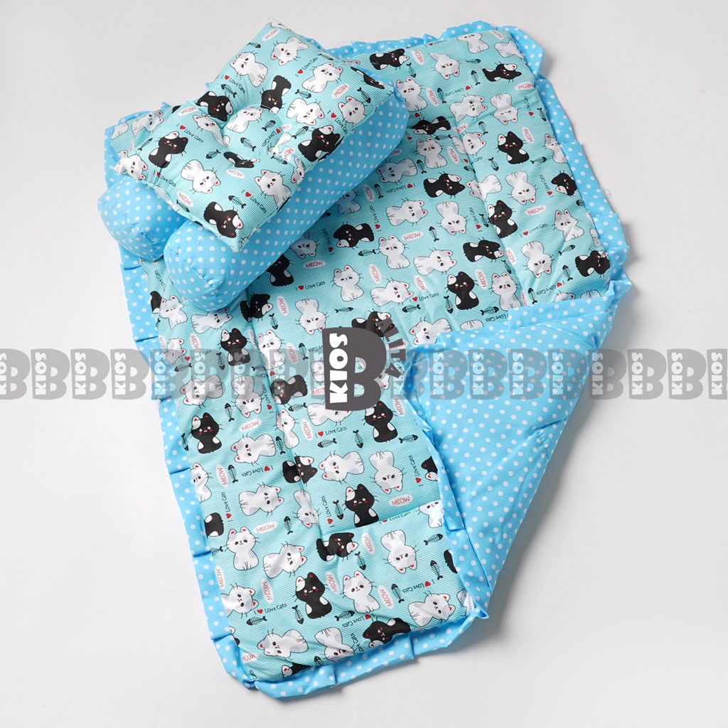 BED COVER SET BAYI Bed Cover Bayi Bantal Guling Selimut Bayi Tempat Tidur FREE tas mika Kado Lahiran-BLUE CAT