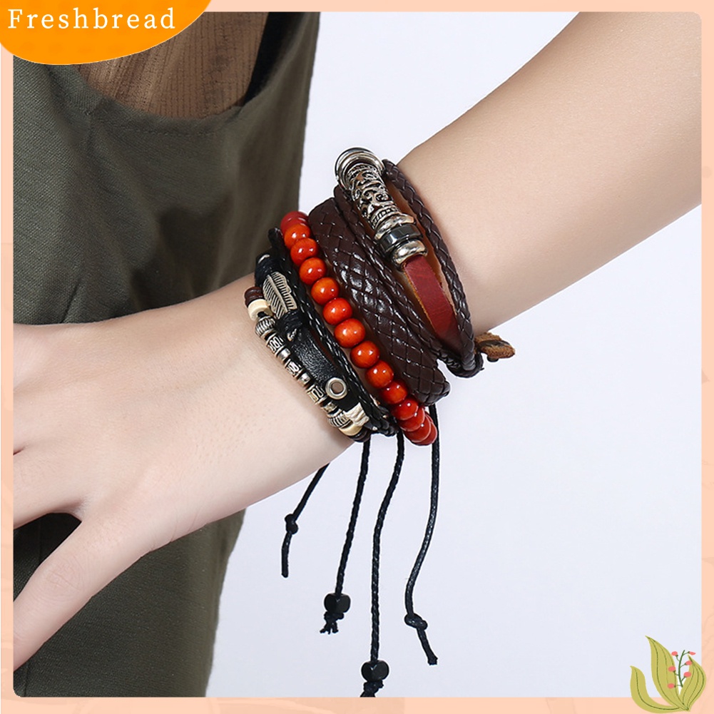 [TERLARIS]4 Pcs Retro Punk Men Beads Faux Leather Braid Multi Layers Adjustable Bracelets