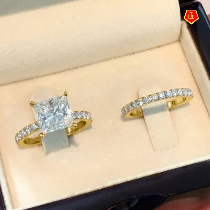 [Ready Stock]Square Diamond Ring Set 18K Gold Moissanite Simple Fashion