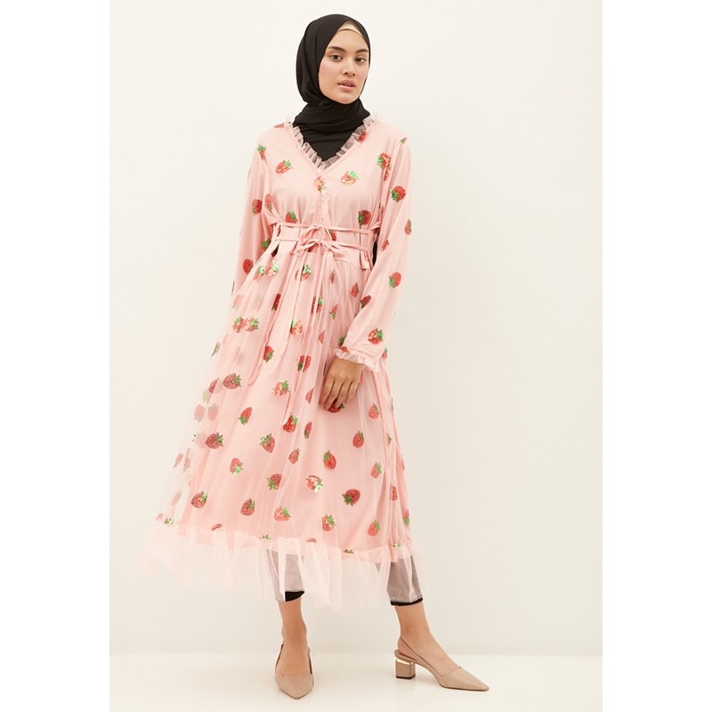 Strawberry Midi Tulle Dress / Gaun Viral Wanita Motif Strawberry