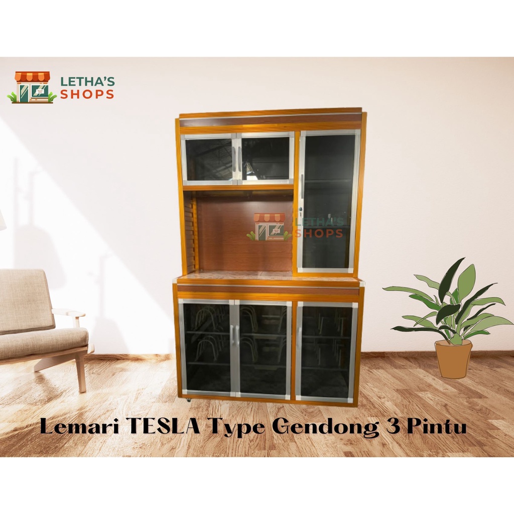 LEMARI TESLA / RAK PIRING BAHAN ALUMINIUM TYPE GENDONG + KUNCI & RODA 3 PINTU
