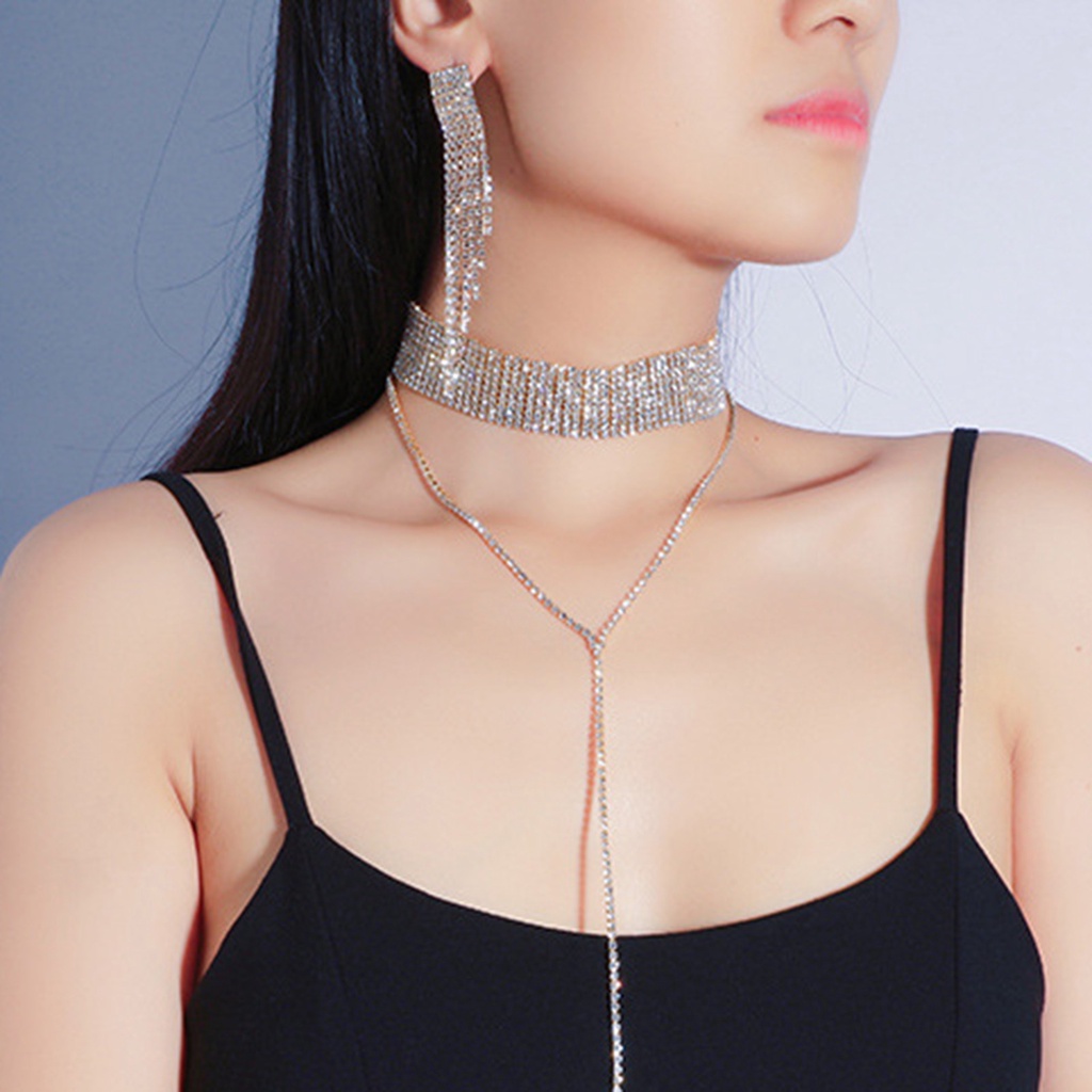 Hu Hu Hu Hu Hu Alat Bantu Pasang Kacamata♡ 1 Set Perhiasan Kalung Anting Gelang Rumbai Berlian Imitasi Adjustable Untuk Pernikahan