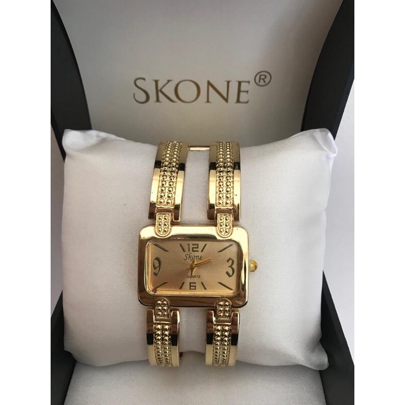 Jam Tangan Wanita Anti Air pria wanita merek SKONE Original rantai warna gold emas model segi bagus 