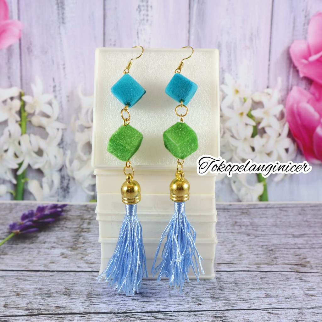 Anting Hijab anting korea Fashion wanita Sepasang Model Dadu Juntai Tassel by Tokopelanginicer