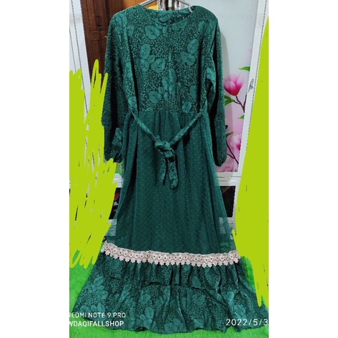 WDAqifa Fashion Gamis Pesta Brukat Renda Tile Dot Ready Hijau Botol