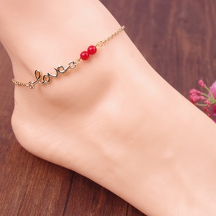 Gelang Kaki Rantai Manik-Manik Merah Motif Tulisan LOVE Gaya Eropa Amerika Untuk Musim Panas