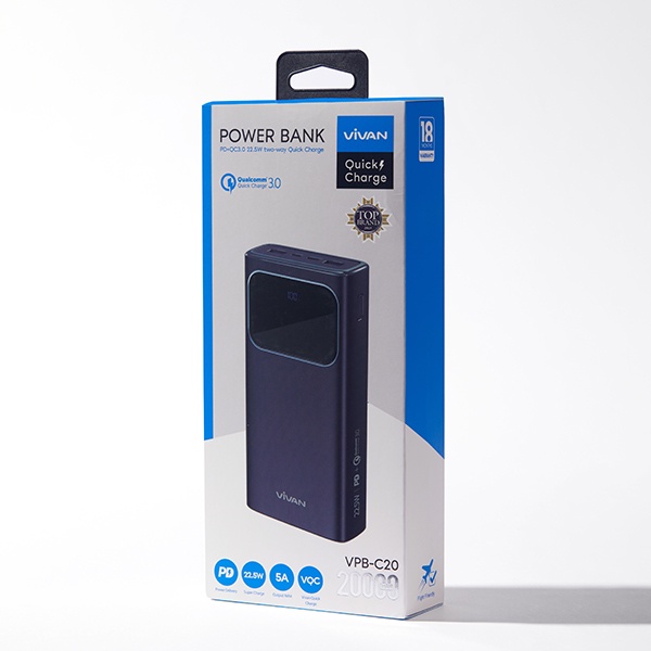 VIVAN Powerbank 20000 mAh VPB-C20 POWER BANK 20000MAH 3 Output Fast Charging 22.5W PD QC 3.0 VOOC Support Smartphone All Type-Garansi Resmi 1th