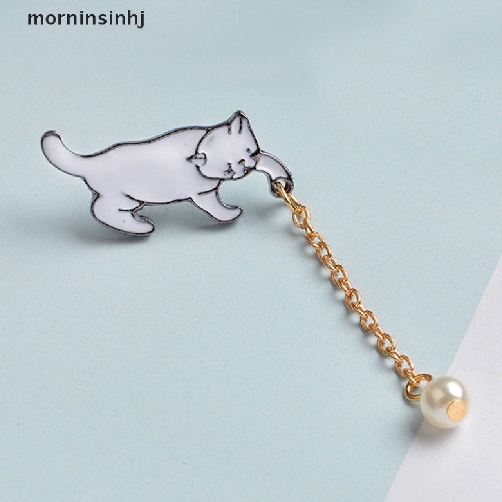 Mornin Bros Pin Enamel Kucing Lucu Hias Mutiara Untuk Aksesoris Kerah Kemeja Wanita