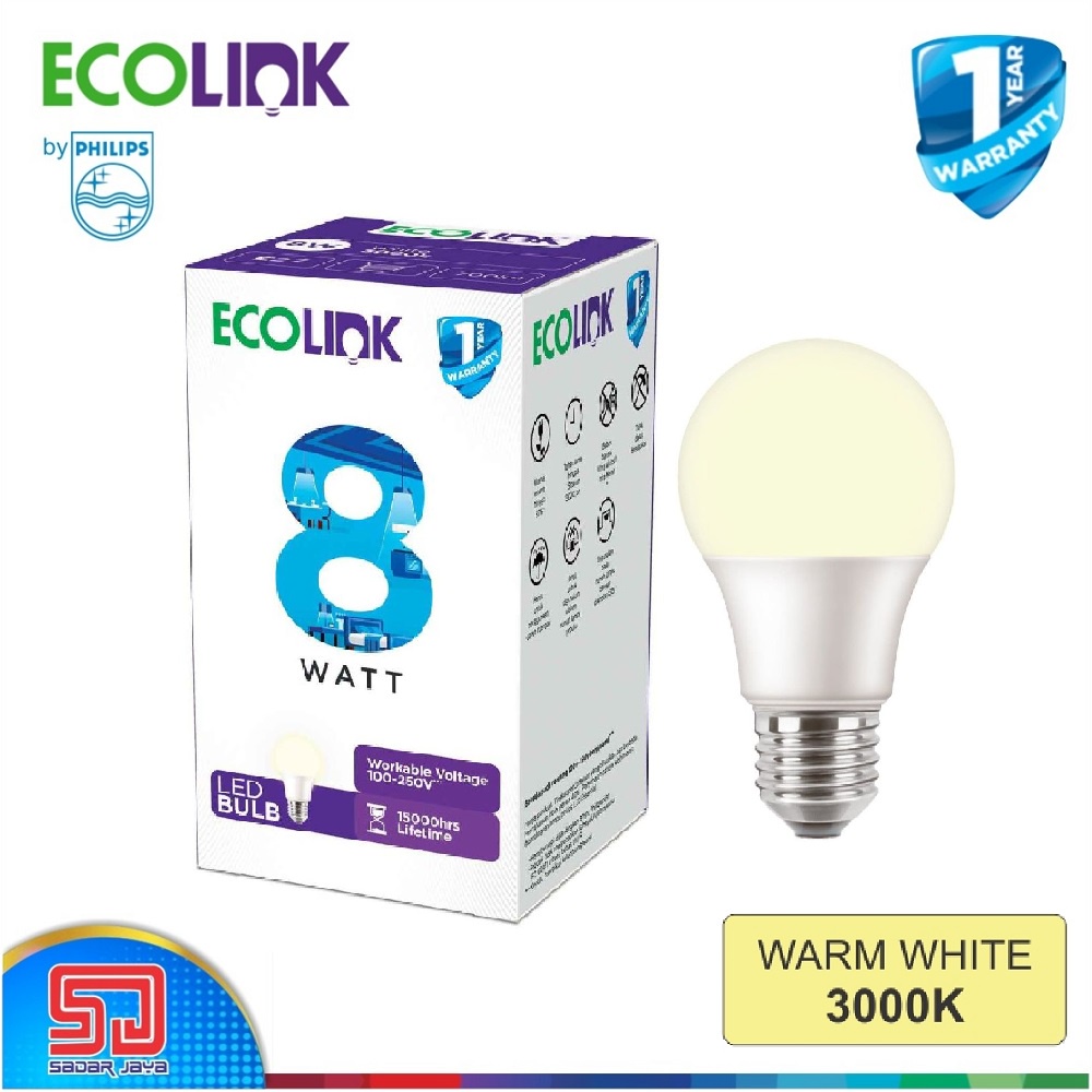 ECOLINK Lampu 8W LED 8Watt Bulb Bohlam 8 Watt - 3000K Warm White Kuning Cerah