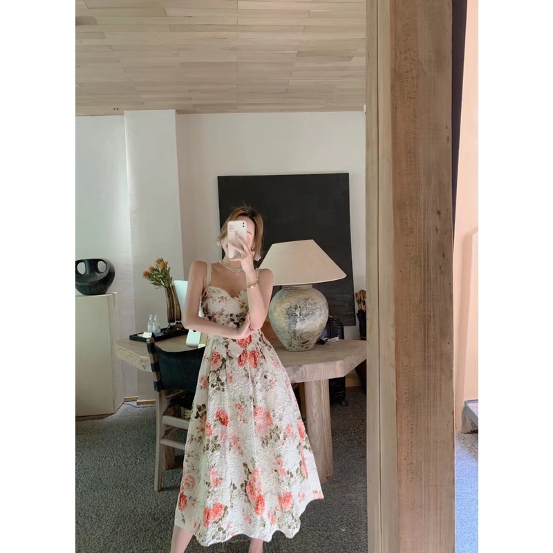 𝐑𝐄𝐀𝐃𝐘 𝐒𝐓𝐎𝐂𝐊 𝐒𝐀𝐅 - EMILY beige flower midi dress woman premium / korean summer dress / beachwear bali