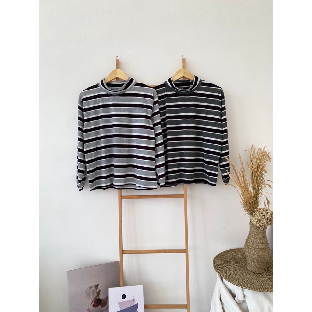 Kaos Stripe Salur Baju Wanita Garis Lengan Panjang Upneck