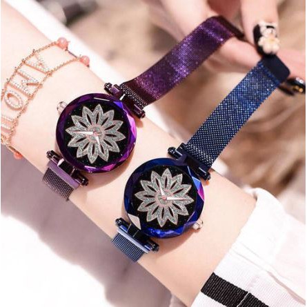 FYGALERYSURABAYA J158 Jam Tangan Perempuan Motif Bunga Glitter Rantai Magnet Woman Flower Watch Fashion