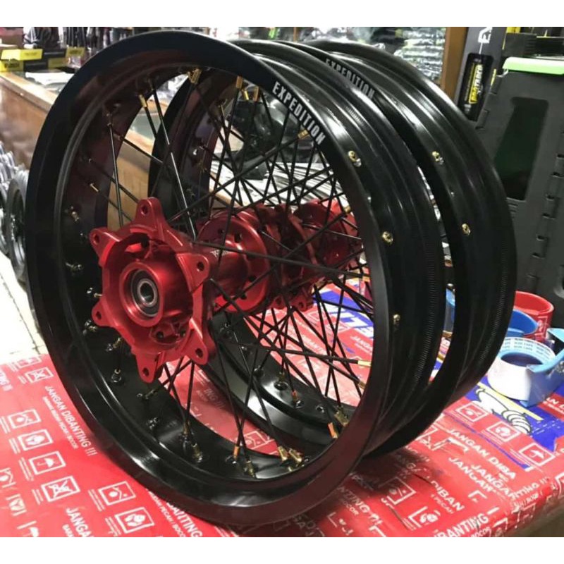 VELG SET HONDA CRF 150 RING EXPEDITION TROMOL EXPEDITION CNC MERAH