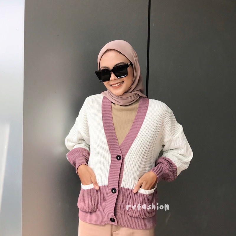 Atasan kardigan saku salur combinasi,baju wanita rajut premium,atasan wanita