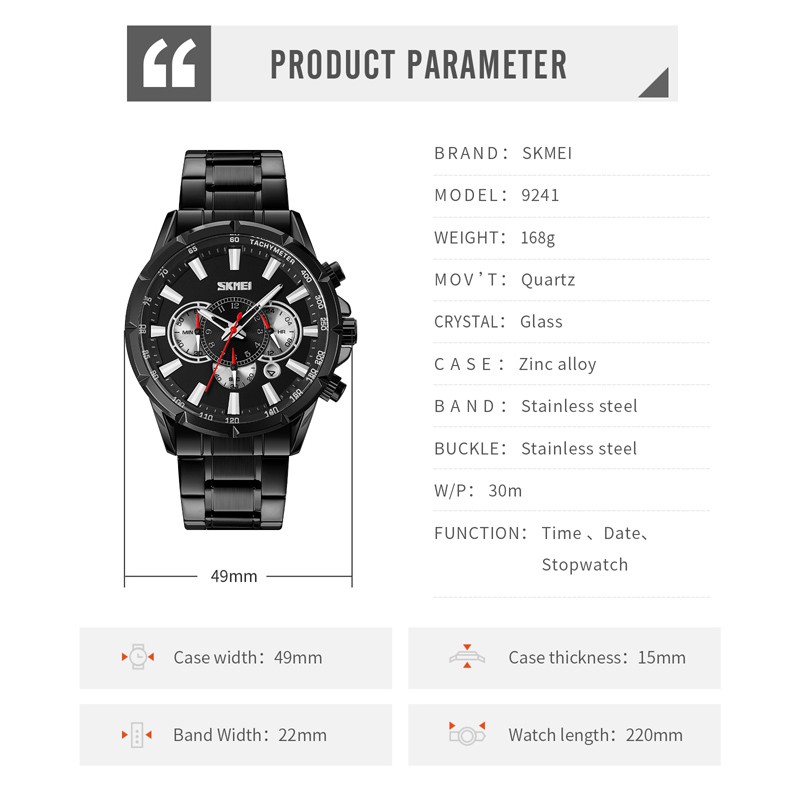 SKMEI 9241 Jam Tangan Pria Analog Chronograph Tali Stainless WATCHKITE WKOS