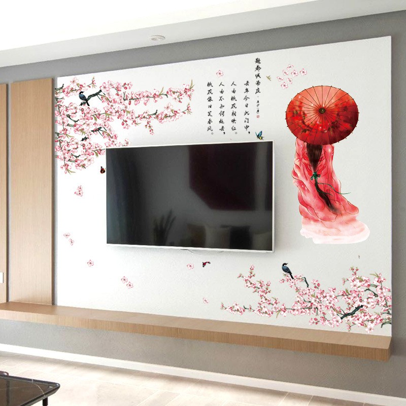 Reliza Wall Sticker Sakura Cewek Payung Girl Flowers Chinese Stiker Dinding LDR