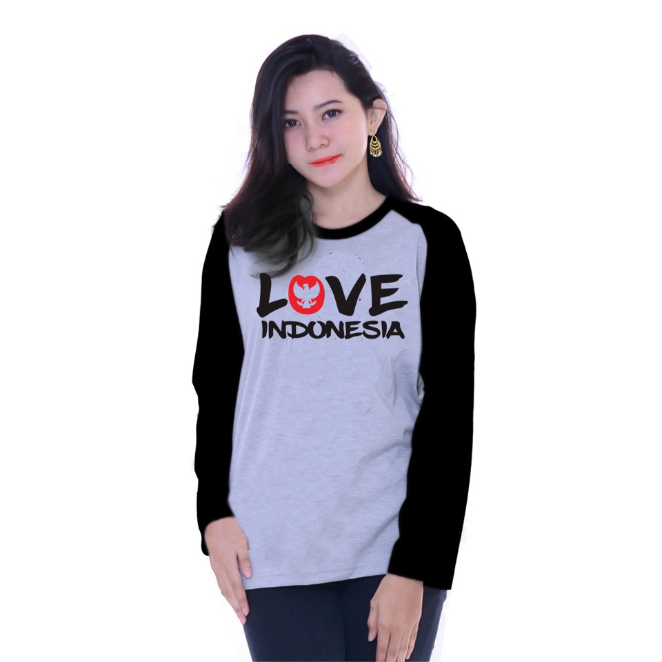 Kaos Raglan Gambar Love Indonesia | Lengan Panjang | Atasan Wanita | Ukuran M - L - XL -XXL