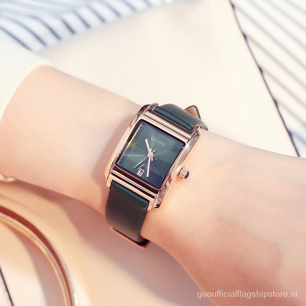 【Factory Outlet】GUOU Square Watch Sederhana Wanita Elegan Fashion Quartz Watch Tali Tren Kalender Wanita Berjaga-jaga