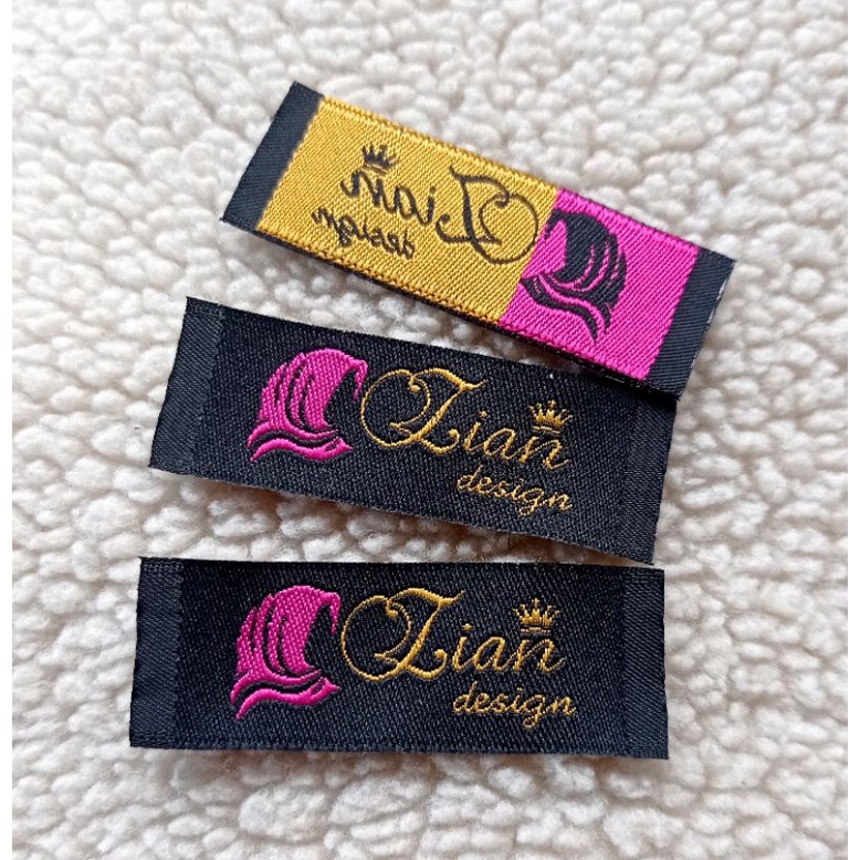 Cetak label kustom label baju hijab bordir rajut tenun bahan premium ukuran 2cm x 6cm