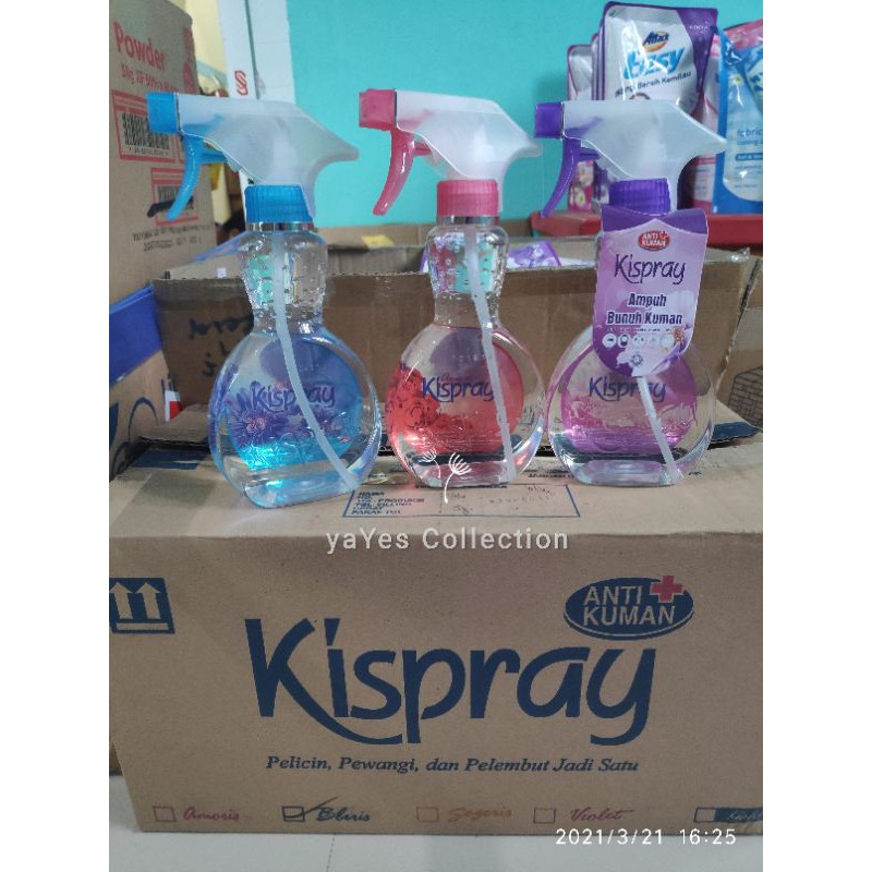 Kispray Botol 318 ml Spray Pelicin pewangi pelembut 3in1 siap Pakai kispre Anti Kuman Biru Bluis Merah Amoris Ungu Violet Kuning Segeris