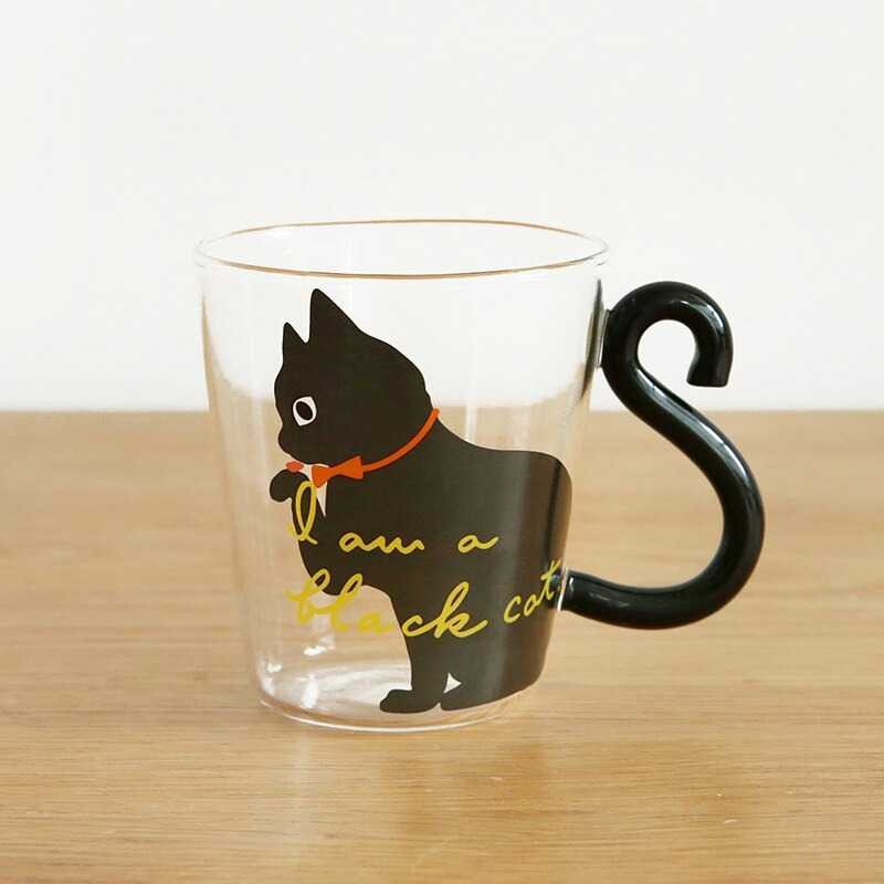 Gelas Kaca Unik Bening Gagang / Gelas Kopi / Mug Kopi Transparan / Gelas Susu / Cangkir Teh / Jus GOOD MORNING 350 ml / Gelas Kaca-KITTY BLACK 250 ML