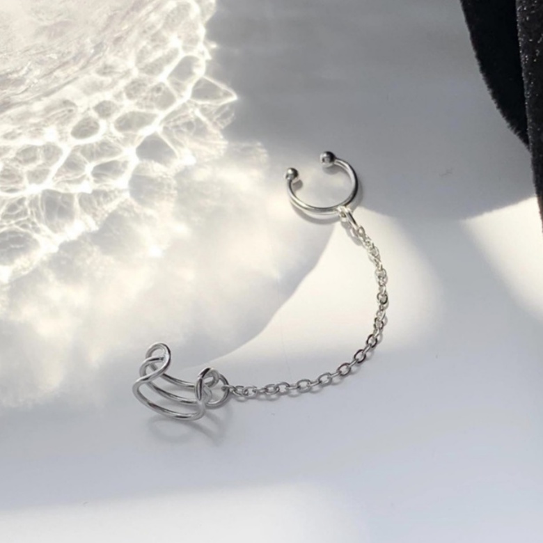 Anting C Hook Earcuff Rantai - Anting Tusuk Anting Jepit Earcuff Warna Perak - Subang Kasual Wanita 
