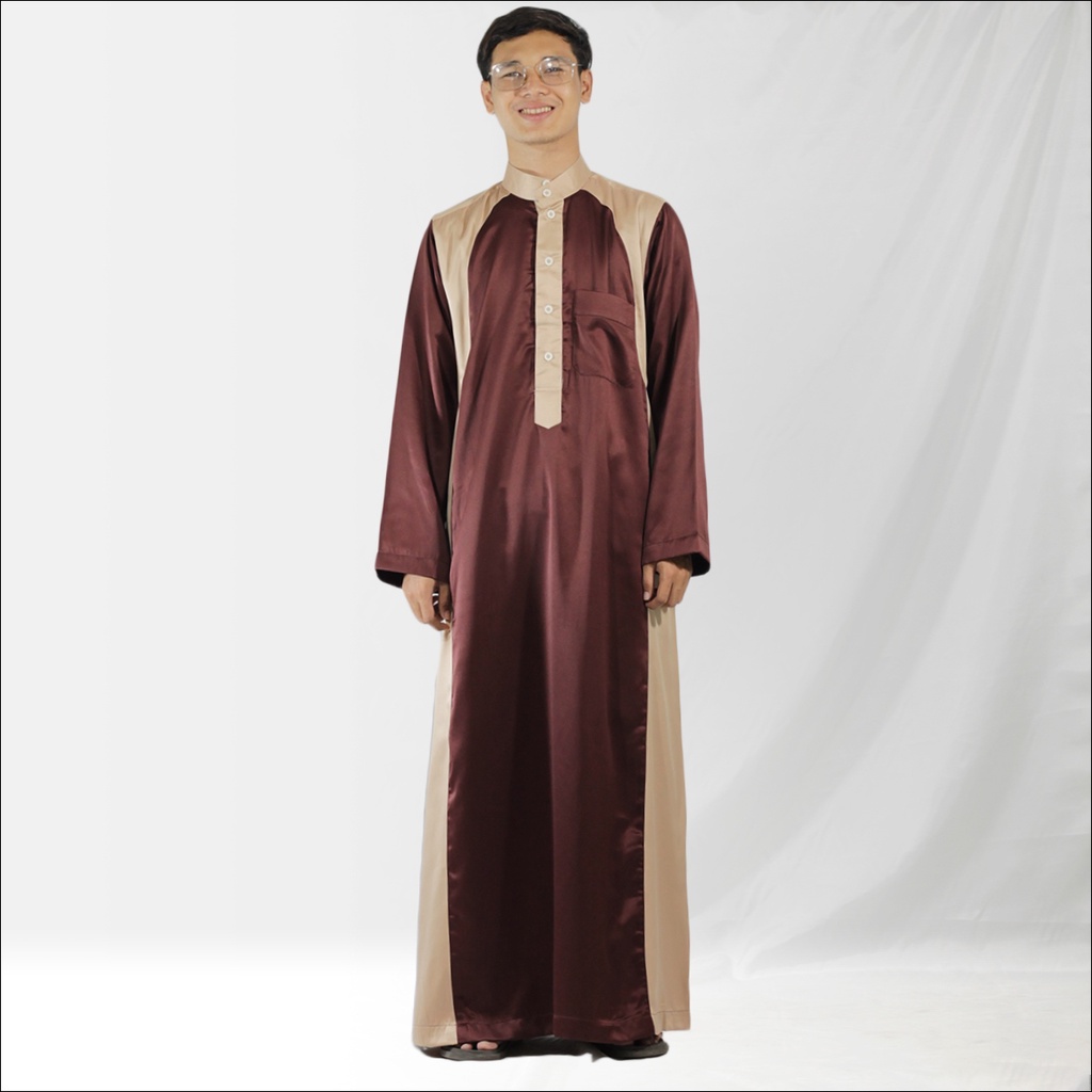 Gamis Pria Jubah Gamis Laki Laki seri Velvet Kombinasi Gamis Modern Gaya Casual Remaja dan Dewasa-Coklat Cream