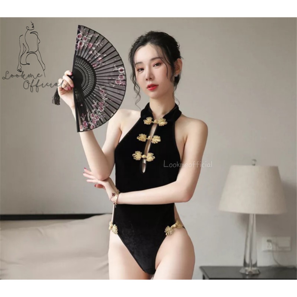 Kostum One Piece Cheongsam Hitam Sexy Chinese Lingerie Qipao Velvet Suit Cosplay Pelayan China Sexy