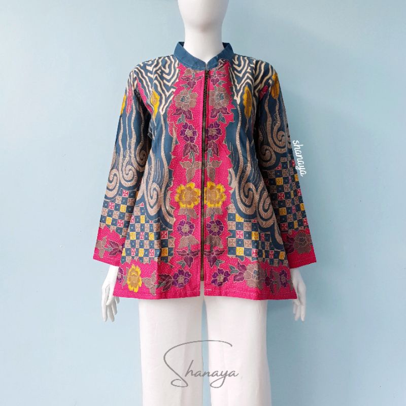 Jual Shanaya Baju Batik Wanita Blus Lollipop Pink Lapis Tricot Batik Kerja Zipper Depan 