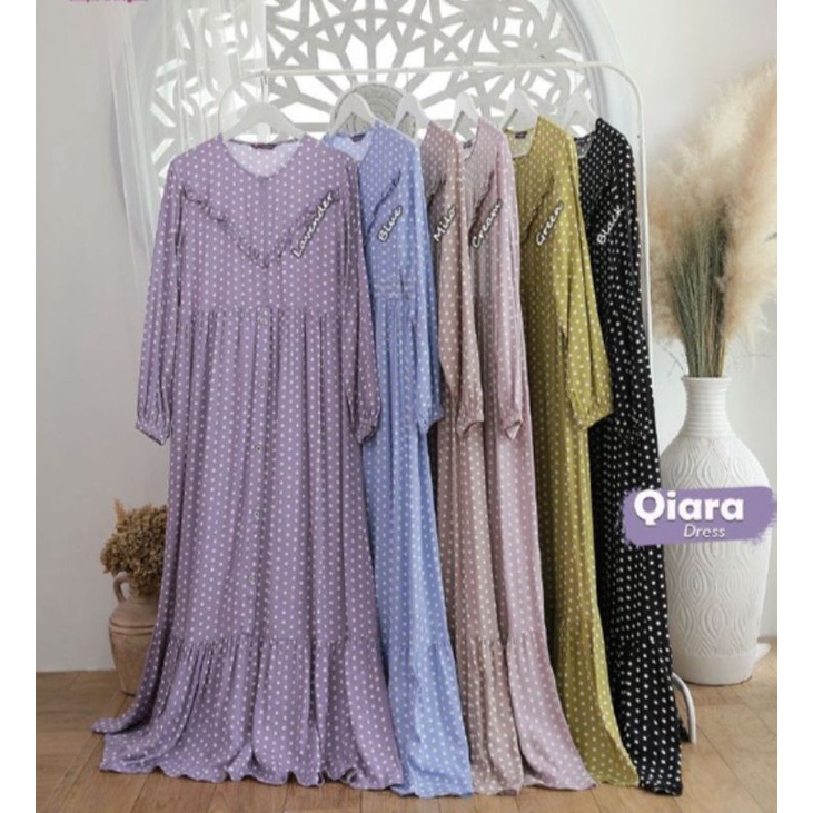 Qiara Dress - Gamis Terbaru Rempel Polkadot Rayon Premium Dress Dress Wanita Lengan Panjang Maxi Dress Klok Kekinian LD 110 cm