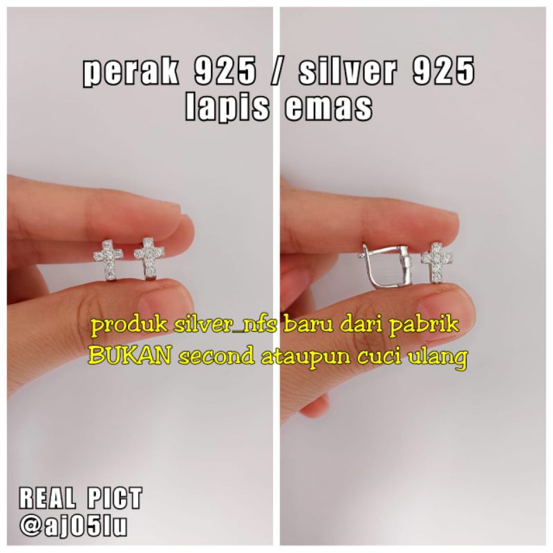 ANTING SALIB PERAK 925 LAPIS EMAS PUTIH ASLI Anting Jepit Salib Perak Asli 925 Anting Salib Silver