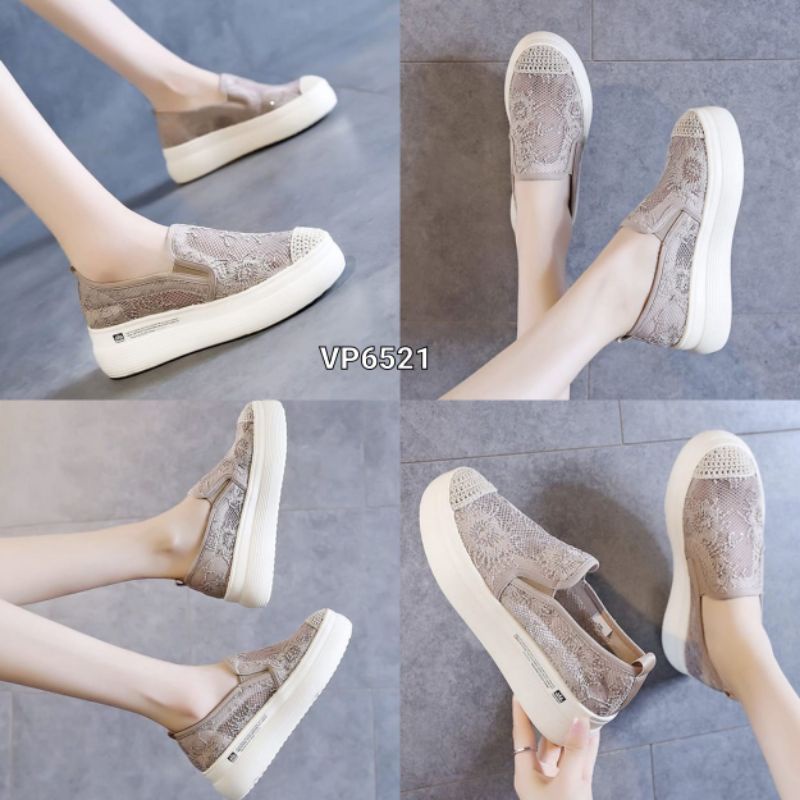 Sepatu Sneakers Slop Santai Brokat Sole Tebal Import VP6521