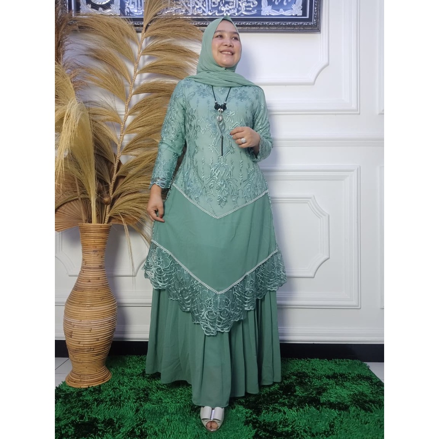 Gamis Mekar Ceruty LR / Kebaya Gamis Tingkat Runcing / Dress Brokat / Kebaya Kondangan / Gamis Pesta Mewah