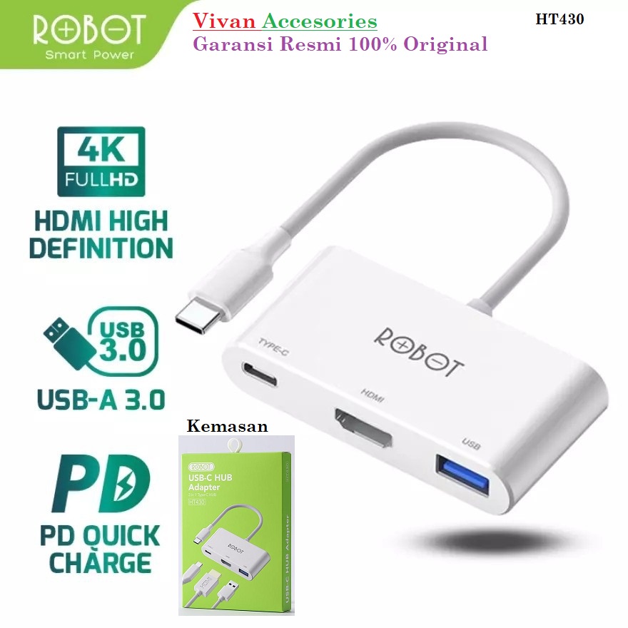 Robot HT430 3 in 1 USB-C Hub Adapter With HDMI 4K , PD 100W , USB 3.0