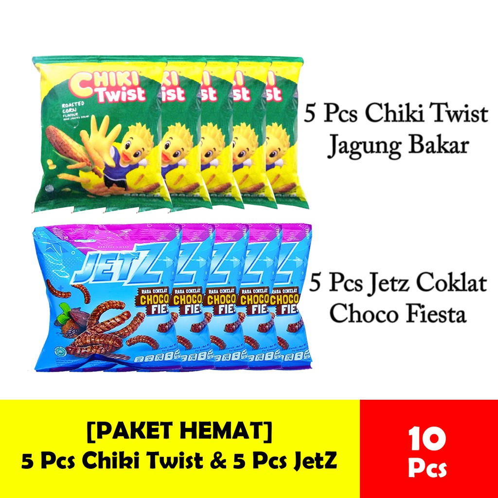 

PAKET HEMAT - 5 Cheetos / Chiki Twist Jagung Bakar & 5 JetZ Stik Coklat Choco Fiesta