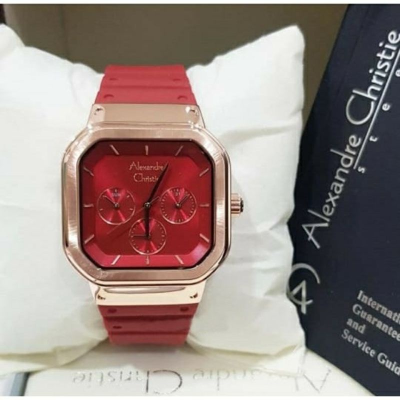 Alexandre Christie Original AC2811BF Jam Tangan Wanita Tali Karet Merah Rosegold