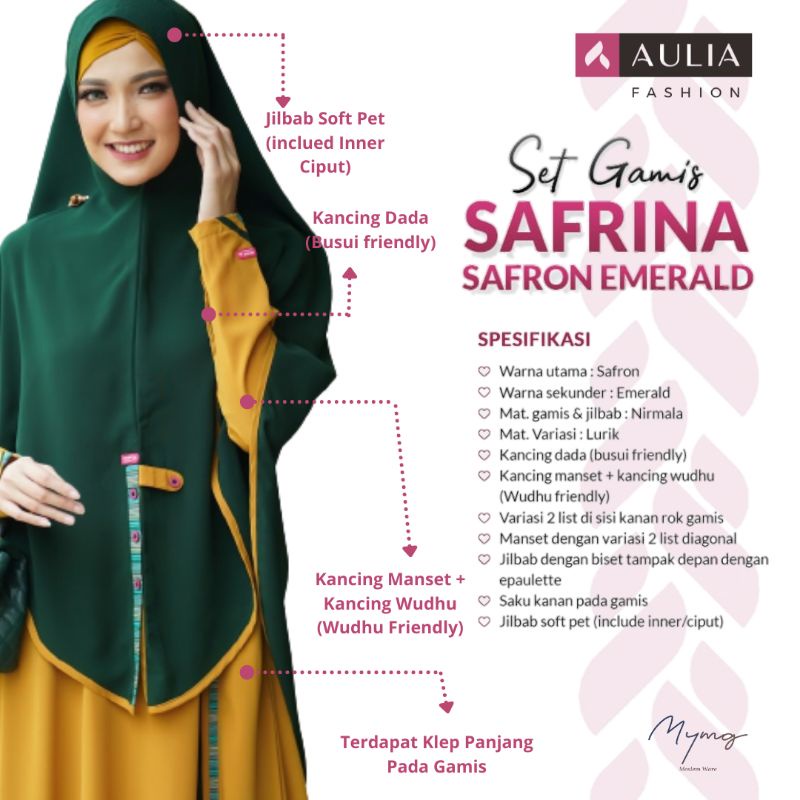 AULIA FASHION Set Gamis Safrina Safron Emerald Busana Muslim Branded Original Bahan Nirmala Variasi 