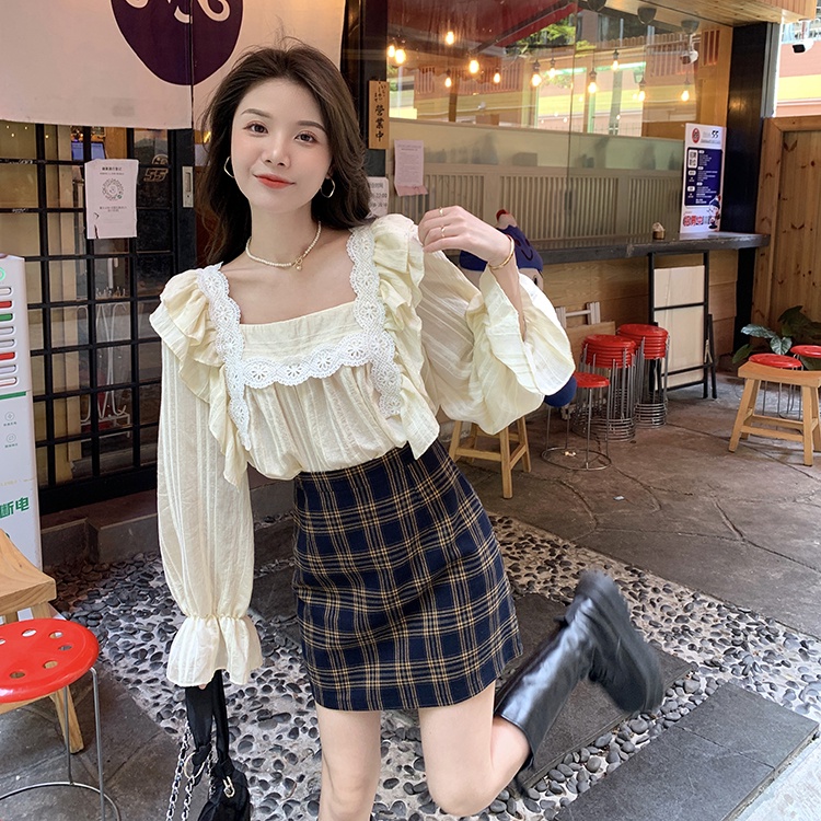 yikoo-Blouse lace lengan panjang atasan top blus wanita