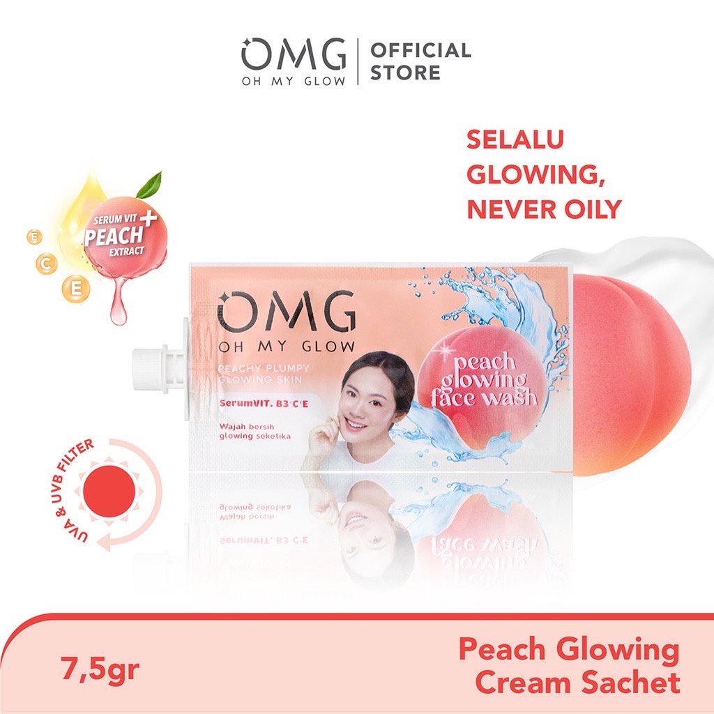 OMG Oh My Glow Peach Glowing Cream Indonesia / Moisturizer Pelembab Wajah 25gr / Skincare Face Care / Face Wash Cleanser Essence Mist Toner Serum Day Night Eye Sunscreen Mask / Body Lotion / Make Up Glam Foundation Lip Matte Tint / Brightening Acne Paket