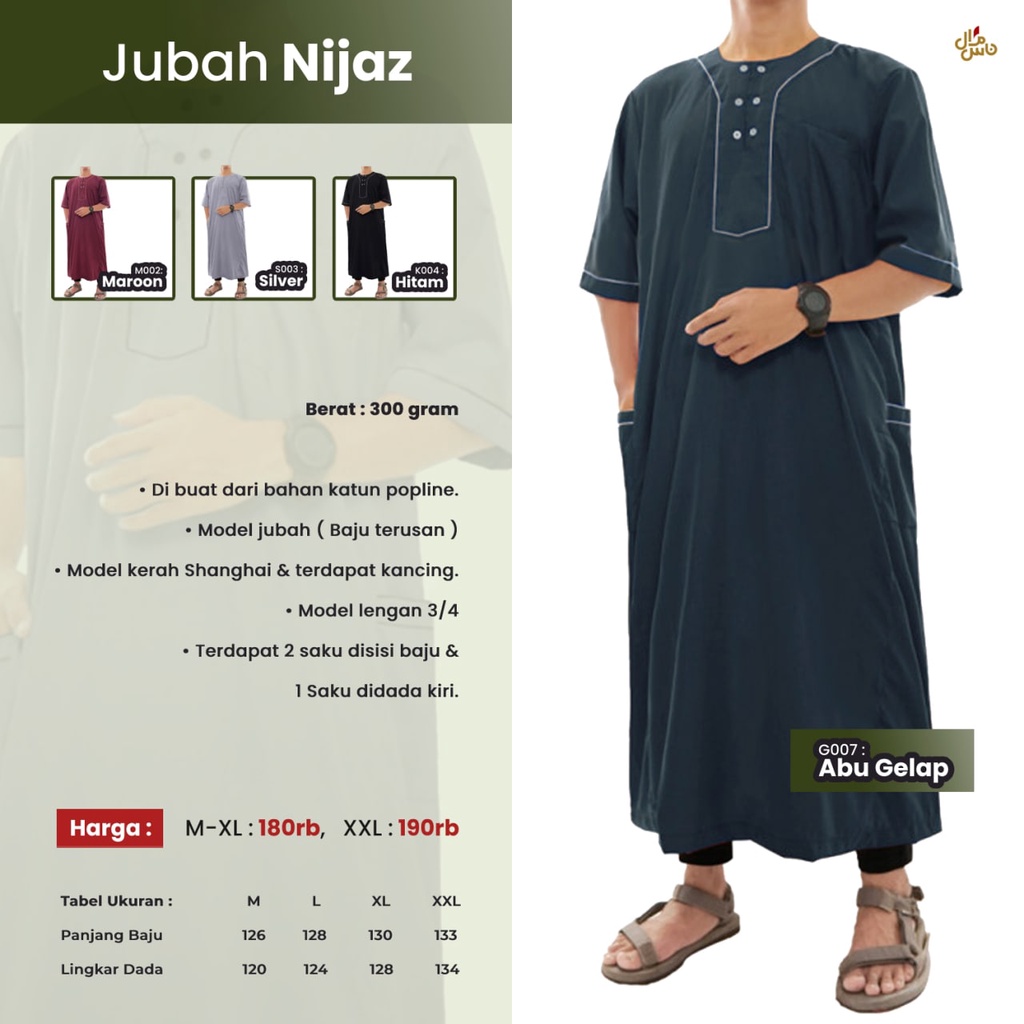 Jubah Pria Dewasa Nijaz Bahan Katun Adem Dan Nyerap Keringat GRATIS PECI RAJUT