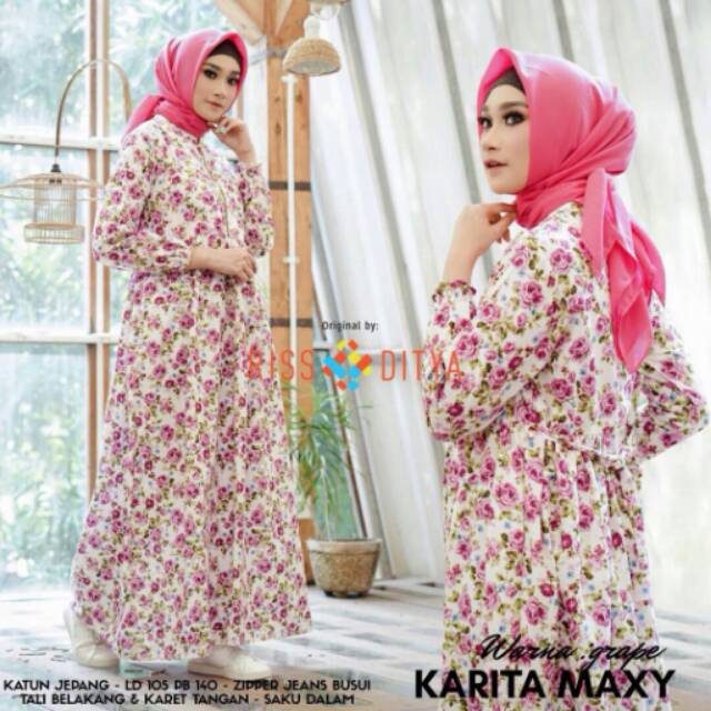 Karita Maxy Gamis Wanita Dress Wanita Katun Jepang ld 105 cm pb 140 cm Zipper Jeans Busui Tali Blakg