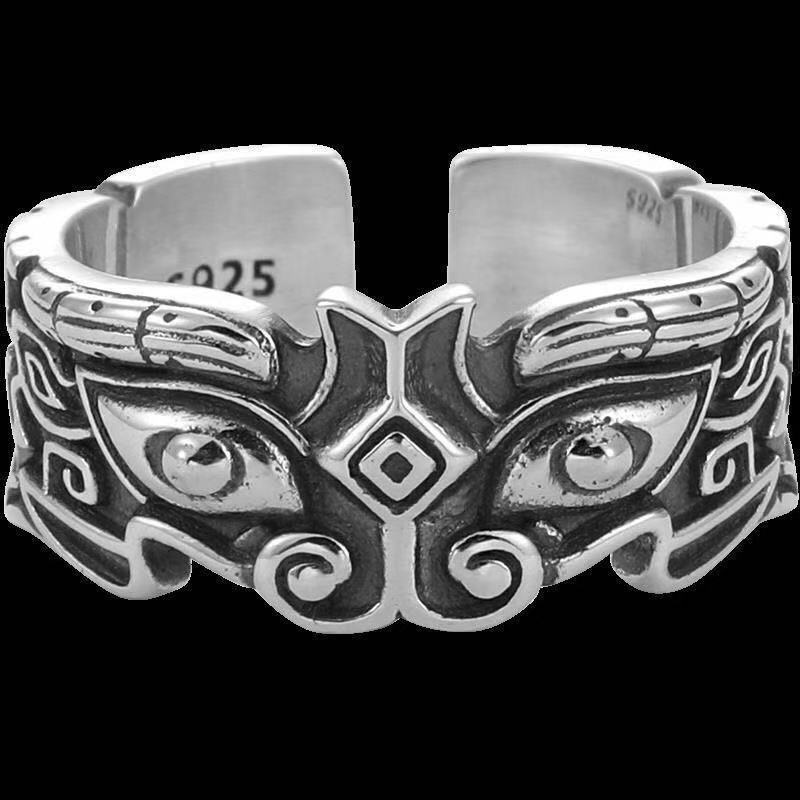 Taotie Cincin silver Motif Wajah Hewan Gaya retro Untuk Pria