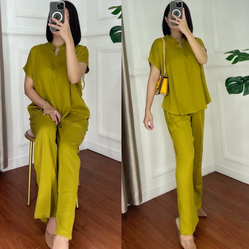 ONE SET TWILL PIYAMA SET TWILL/PAJAMAS/DAILY ONE SET/SETELAN / SETCEL / KEMEJA RAYON / RAYON TWILL-LIME TWILL