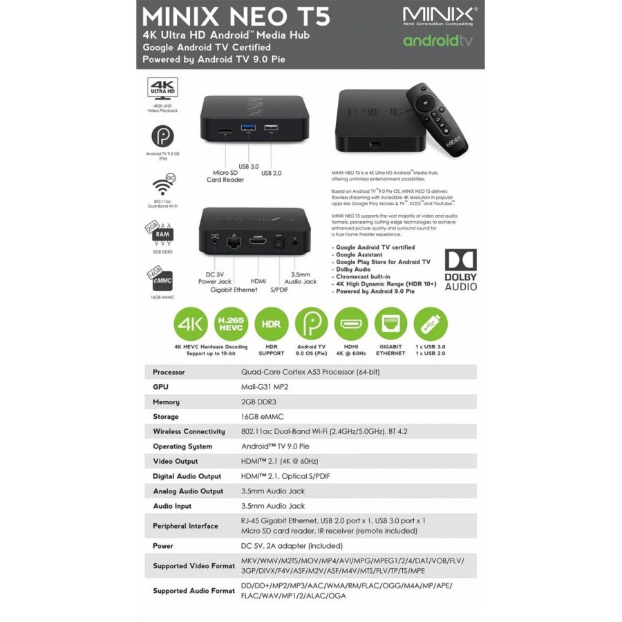 Android TV Box Minix Neo T5  - Google Certified Android 9.0 TV Box - RAM 2GB ROM 16GB