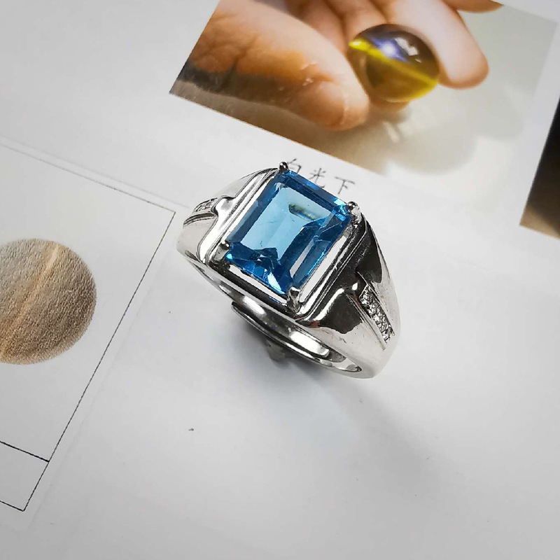 Cincin Berlian Platinum Aquamarine Kristal Biru Perak Untuk Pria Dan Wanita