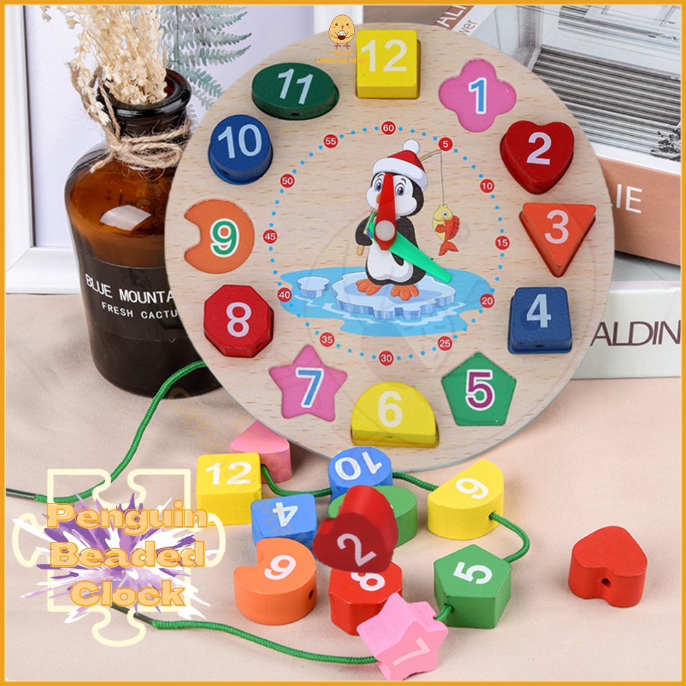 Poney Mainan edukasi jam kayu penguin beaded clock jam geometri