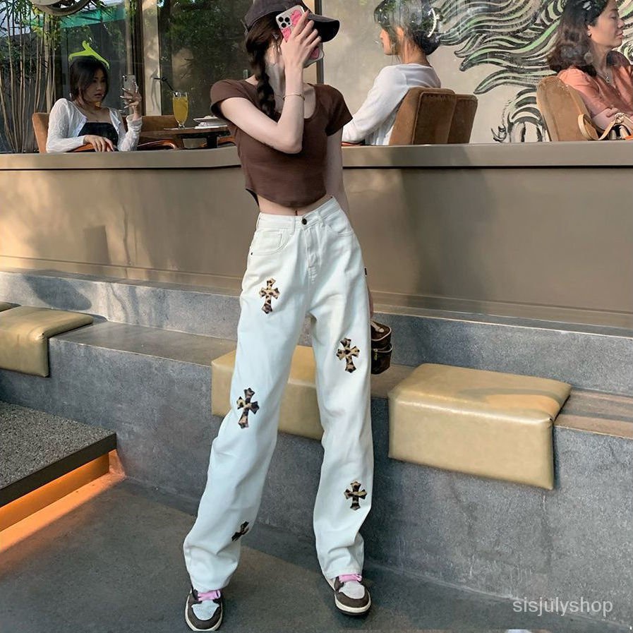 Jeans wanita musim gugur baru pinggang tinggi lurus ramping lebar kaki celana longgar