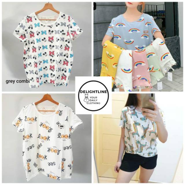  DL 3gambar Rainbow  MICKEY JERAPAH oversize KAOS  