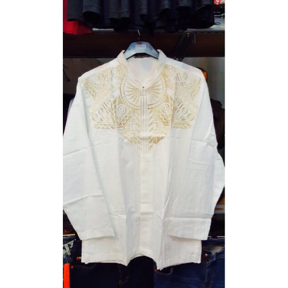 HM-2543 Baju Koko Putih Coklat Muda Panjang  Busana Muslim Pria Murah