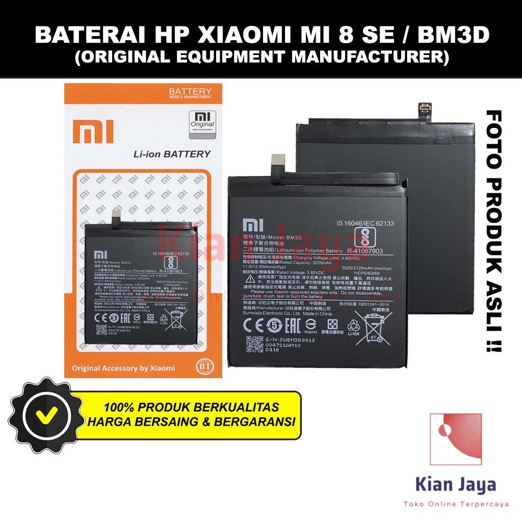 Baterai Xiaomi Mi 8 SE BM3D Original OEM Batre Batrai Battery Hp Xiao Mi BM 3D Ori